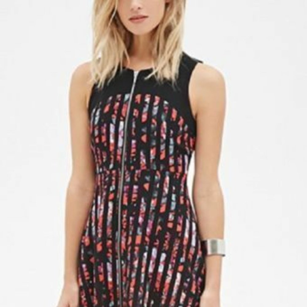 Striped Floral Fit and Flare Zipper Front Dress